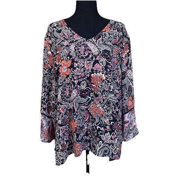 J Jill Popover Blouse Womens Size 2X Floral Multicolor V Neck Bell Sleeve Top - Picture 1 of 8